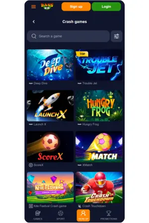 Crash games screen with multipliers