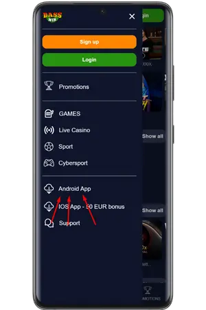 Bass Win apk download menu options