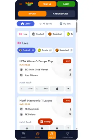 Sports betting screen with live odds